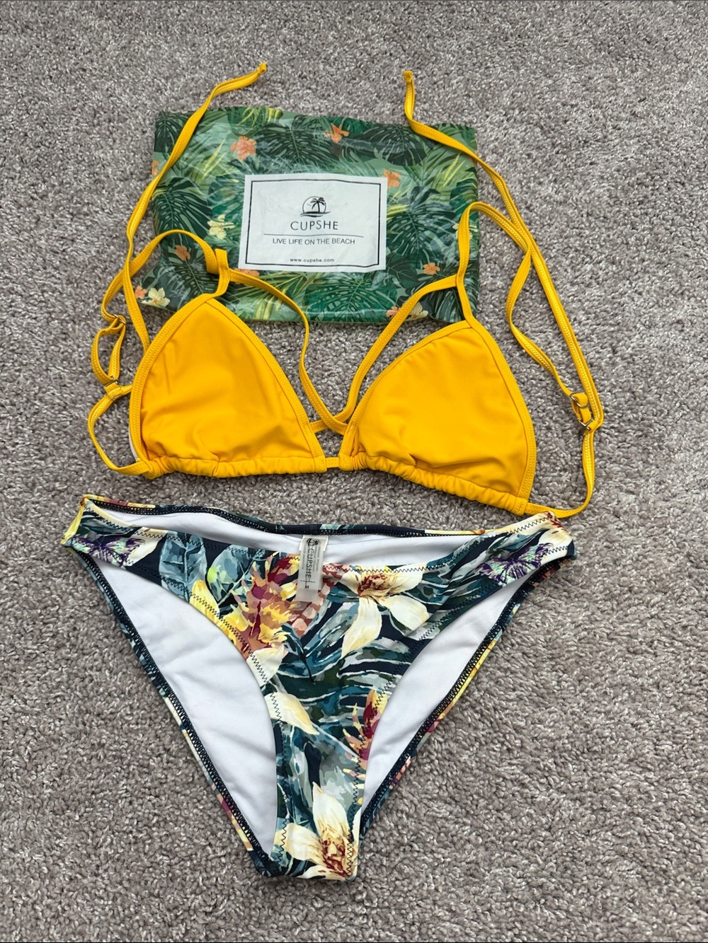 Cupshe Yellow Triangle Bikini with Tropical Floral Briefs